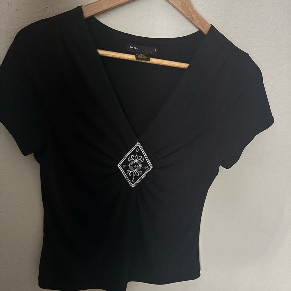 Grace Elements Black Blouse with Embroidered Accent